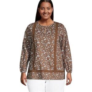 Lands' End Brown and White Floral Print Eyelet Keyhole Tunic Top sz XL/P
